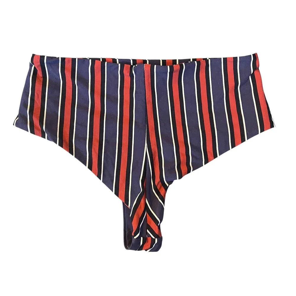 Subdued Women Blue Red Striped High Waisted Bikini‎ Bottom Size S